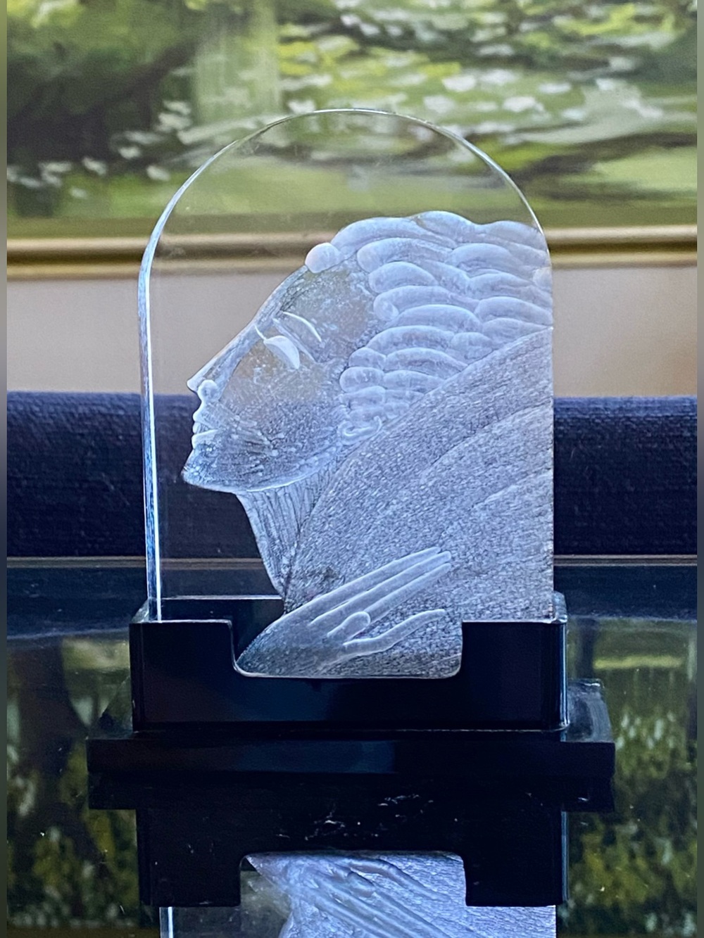 VTG 1982 S. Mann Art Deco Style Reverse Carved Lucite Woman w Black Stand Signed